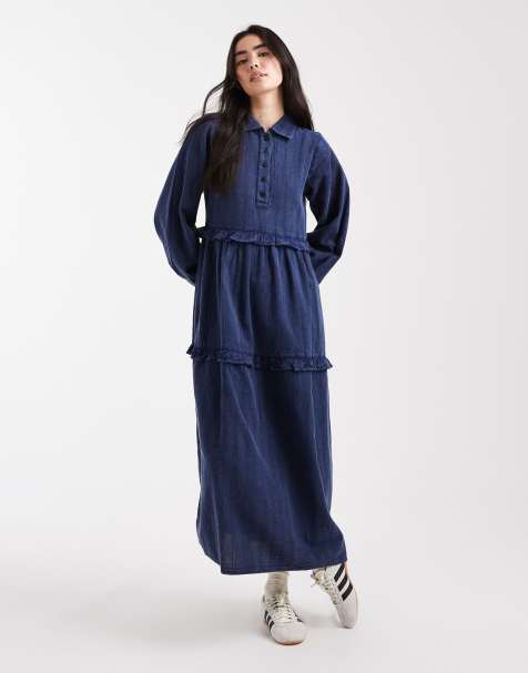 Native Youth textured stripe washed ruffle midaxi dress in navy - view 1
