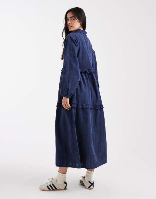 Native Youth textured stripes washed ruffle midaxi dress in navy, 4 of 4