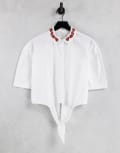 [Native Youth] Native Youth tie front cropped shirt with strawberry collar co-ord-White XS White