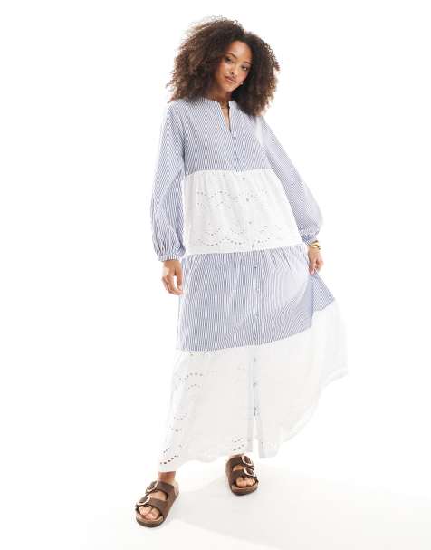 Native Youth tiered broderie insert striped maxi smock dress in blue - view 1