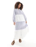 [Native Youth] Native Youth tiered broderie insert striped maxi smock dress in blue XS Blue/white