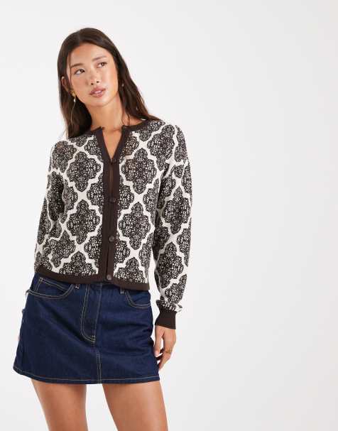 Native Youth tile print long sleeve cardigan in brown