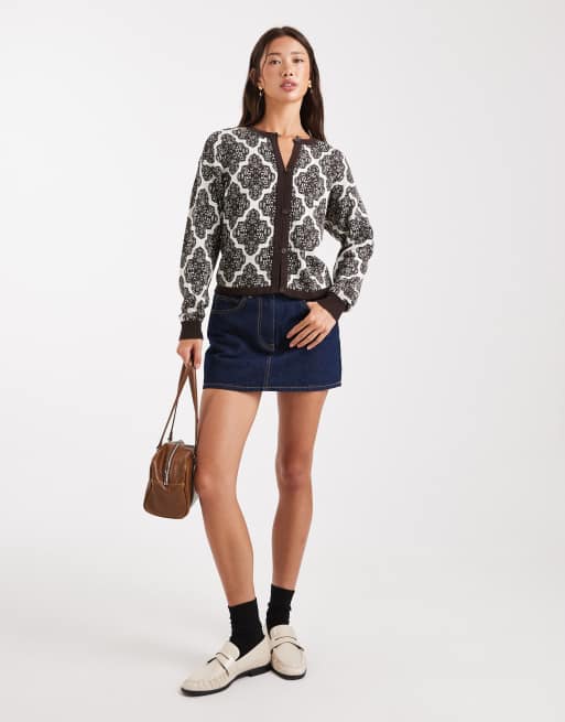 Native Youth tile print long sleeve cardigan in brown, 2 of 4