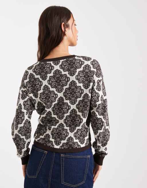 Native Youth tile print long sleeve cardigan in brown, 3 of 4