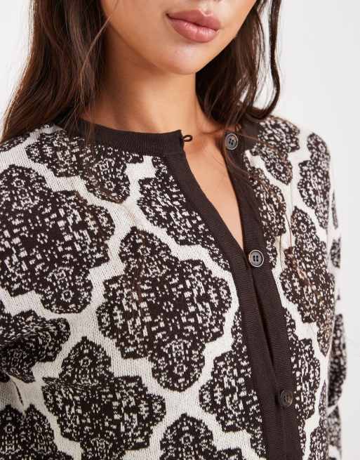 Native Youth tile print long sleeve cardigan in brown, 4 of 4