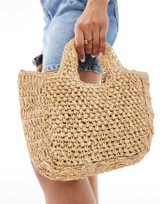 top handle raffia mini bag in natural-Neutral