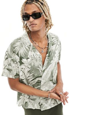 Native Youth tropical print revere short sleeve shirt in khaki