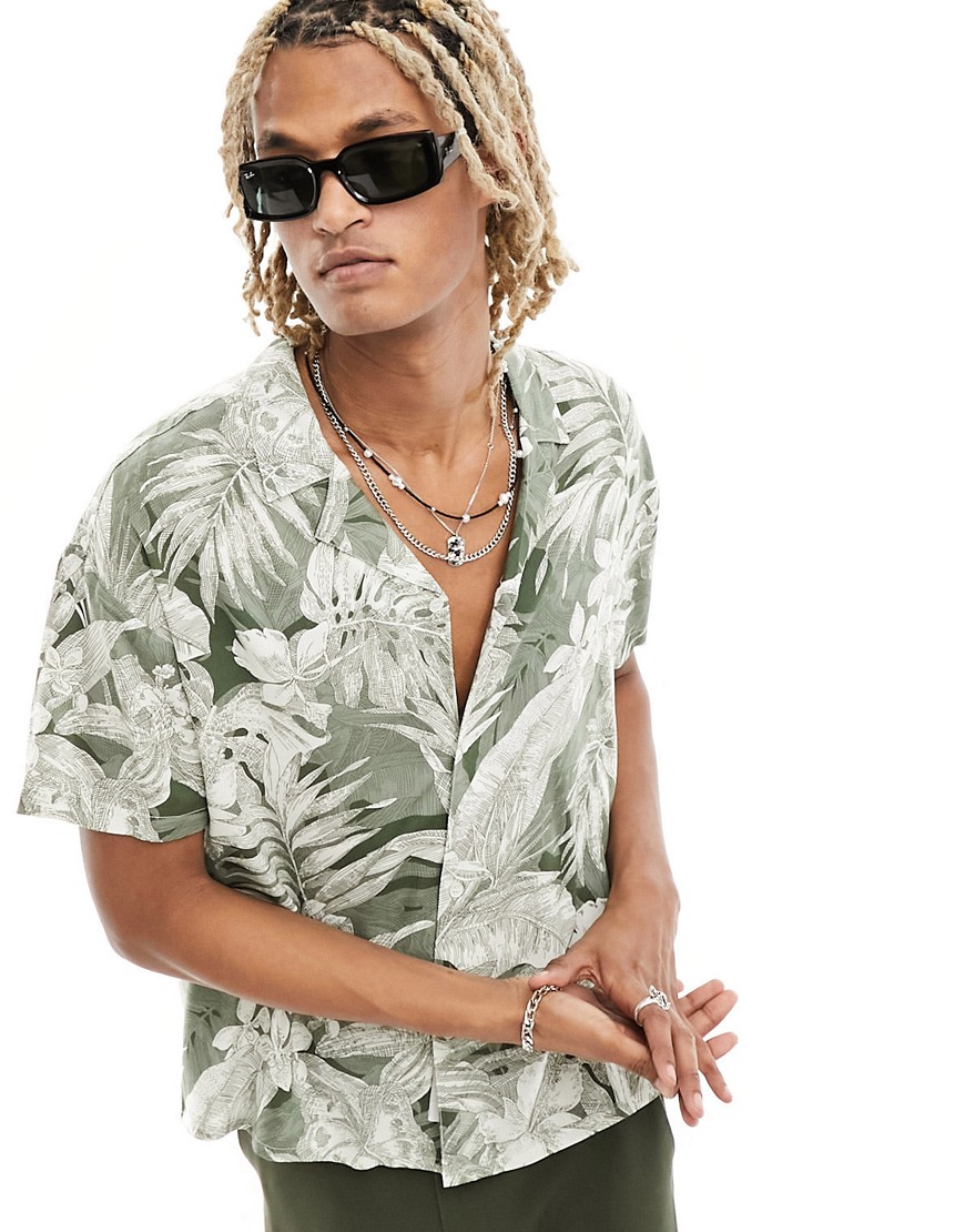 Native Youth tropical print revere short sleeve shirt in khaki-Green