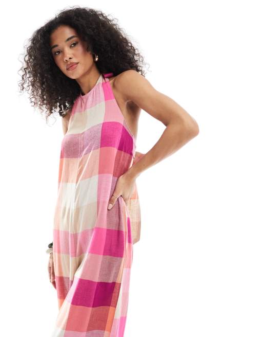 Native Youth - Tuta jumpsuit rosa multicolore a quadri allacciata al collo, 2 di 4