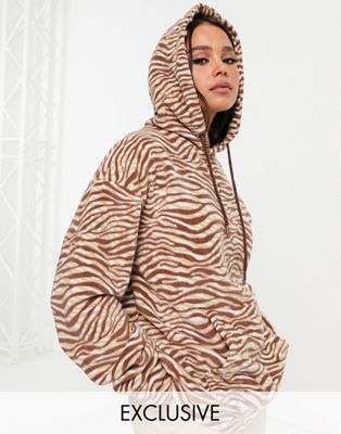 Native Youth very oversized hoodie in chocolate zebra fleece