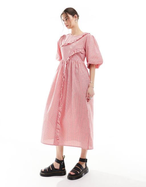Native Youth - Vestito con gonna al polpaccio rosso a quadretti con volant, 2 di 4