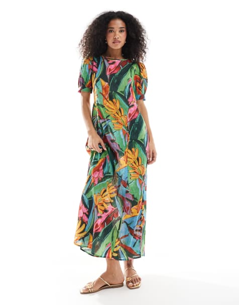 Native Youth - Vestito lungo plumetis multicolore con stampa tropicale - view 1