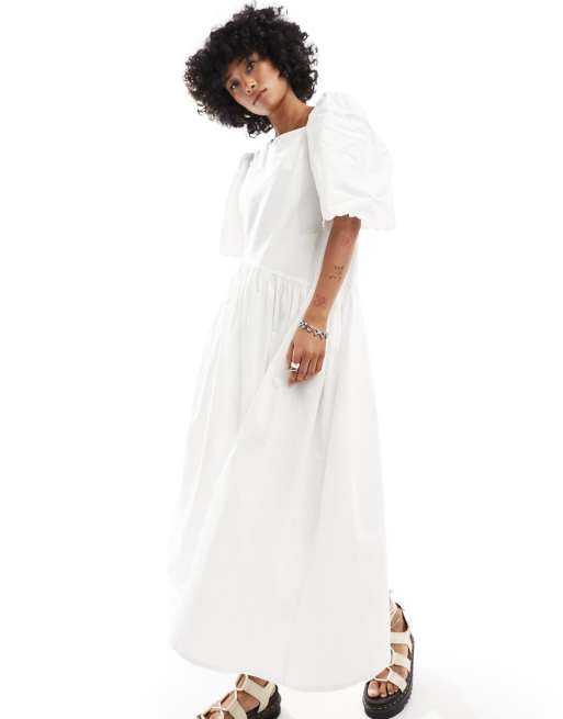 Native Youth – Wadenlanges, asymmetrisches Kleid aus Baumwoll-Popeline in Weiß