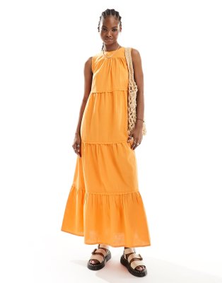 Native Youth - Wadenlanges Kleid aus Leinenmix in Orange mit Bindedetail