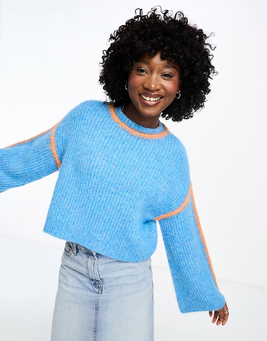 Native Youth whipstich wide arm cropped jumper in blue and orange