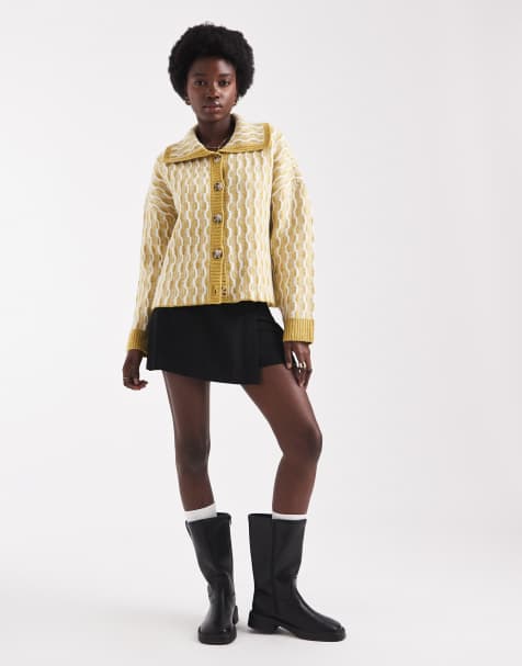 Native Youth wide collar cardigan in yellow 