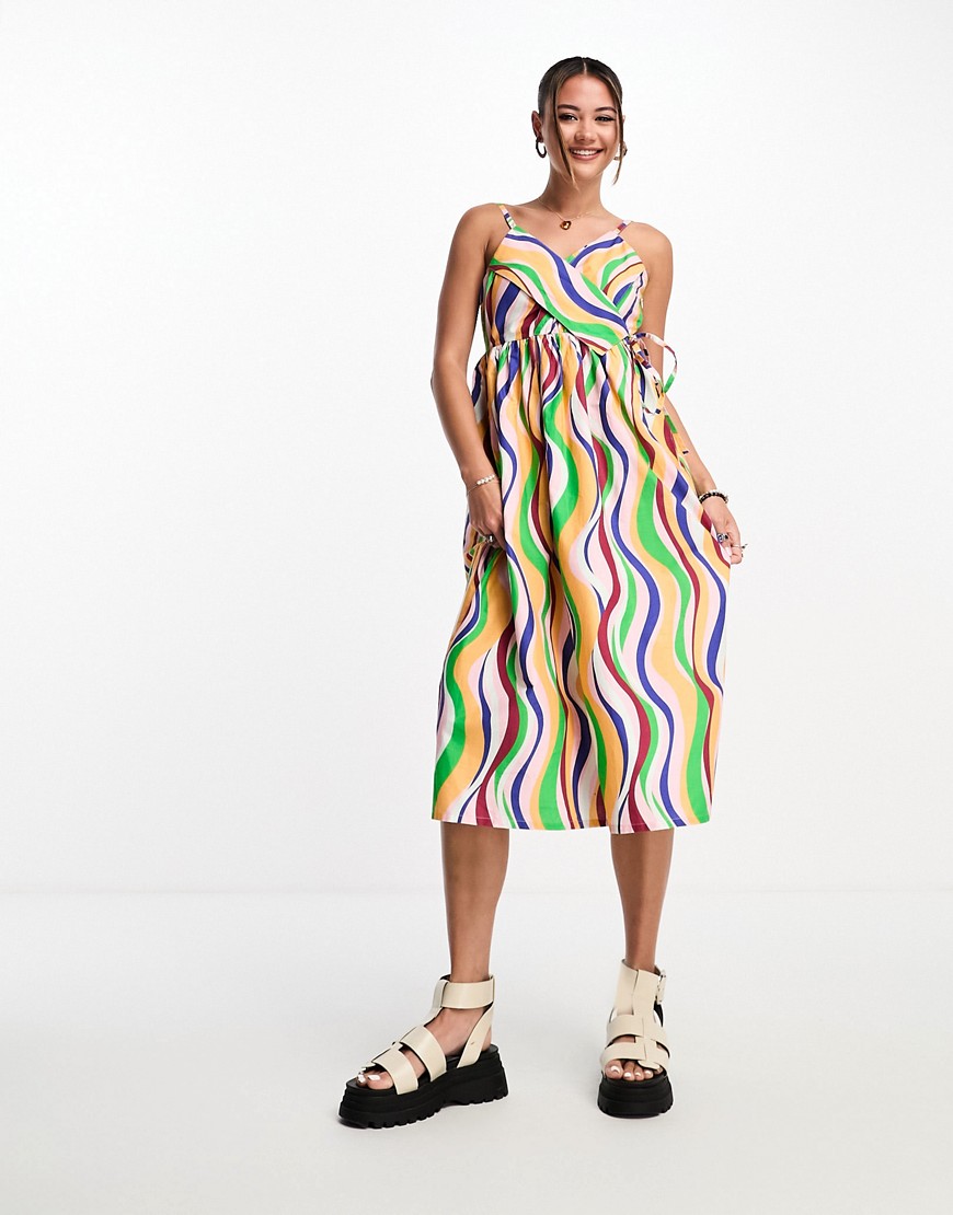Native Youth Wrap Cami Midi Dress With Tie Detail In Multi Wave