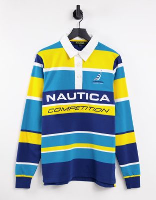 Nautica Competition henessey striped rugby shirt in blue/yellow