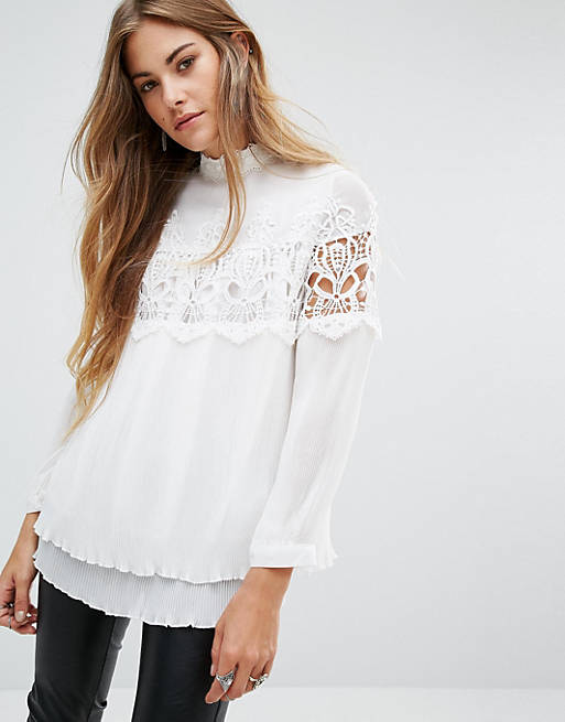 Navy London High Neck Voluminous Blouse With Pleat And Lace Details | ASOS