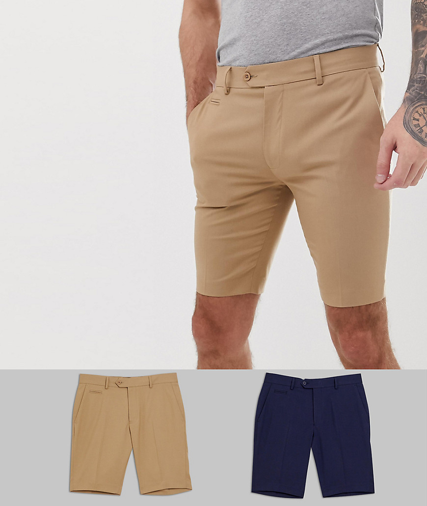 Navy-og sandfarvede smalle smarte shorts fra ASOS DESIGN 2-pak-Multifarvet