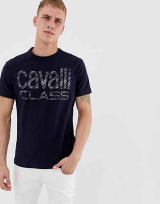 Navy t-shirt med stort logo fra Cavalli Class-Marineblå