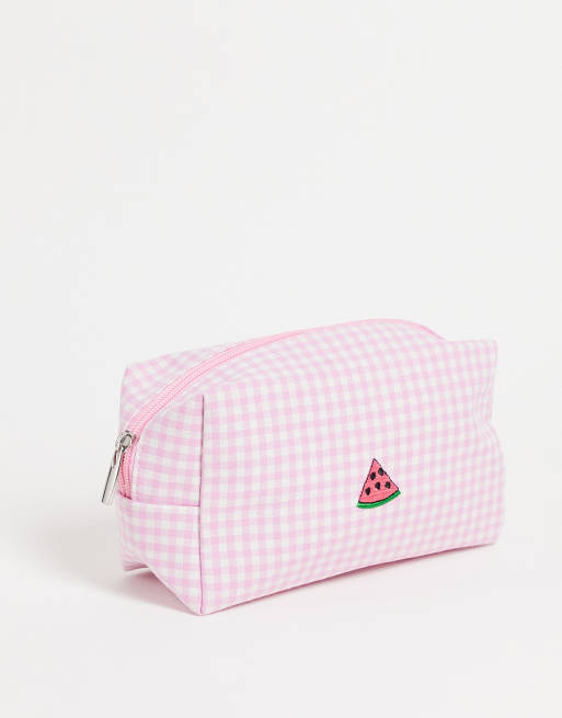 Neceser de maquillaje rosa con estampado de frutas de SVNX