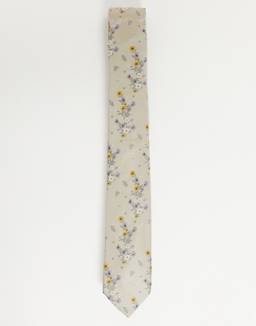 фото Нечисто белый галстук с цветочным принтом river island-коричневый цвет