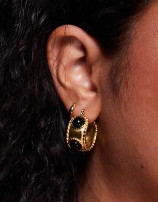 Neck On The Line Neck On The Line bali black stone hoop earrings in gold plated