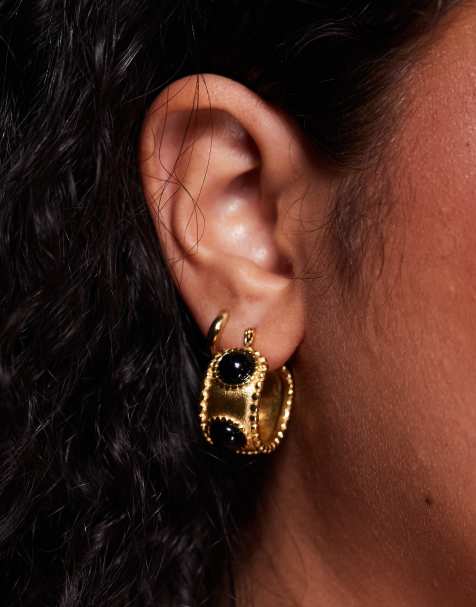 Neck On The Line bali black stone hoop earrings in gold plated - view 1