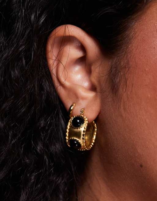 Neck On The Line bali black stone hoop earrings in gold plated