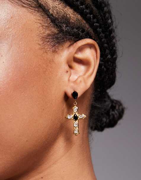 Neck On The Line black stone cross earrings in gold - view 1
