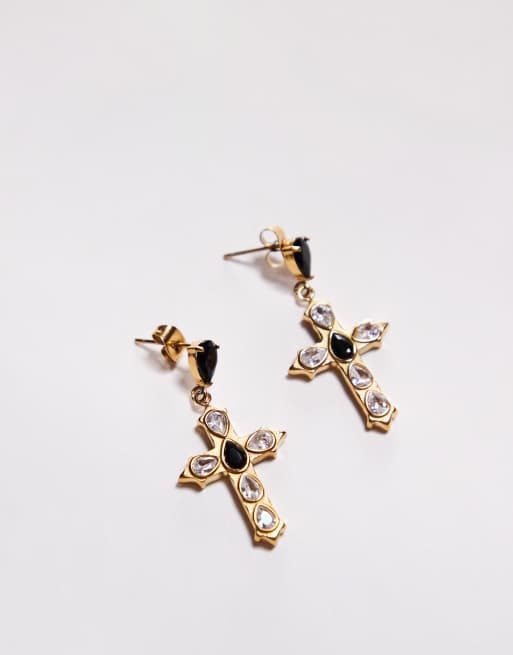 Neck On The Line black stone cross earrings in gold, 2 of 3