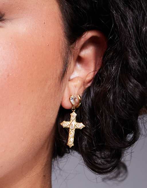 Neck On The Line clear stone cross earrings in gold plate