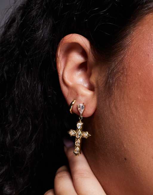Neck On The Line clear stone cross earrings in gold plate, 3 of 3