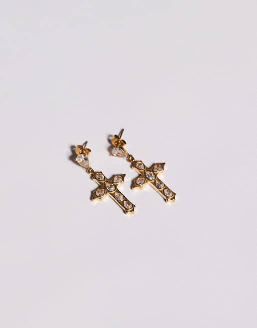 Neck On The Line clear stone cross earrings in gold plated, 2 of 3