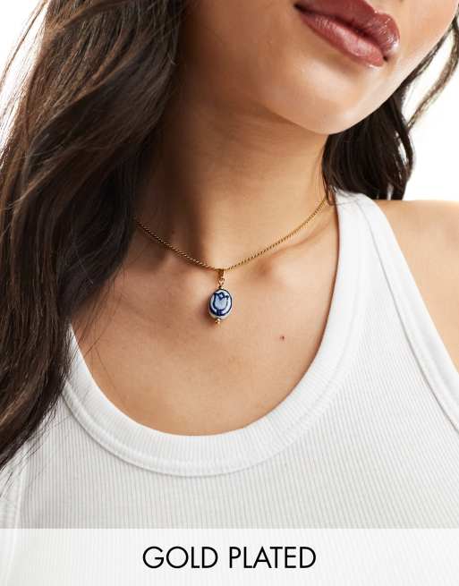 Neck On The Line - Collier en acier inoxydable plaqué or avec pendentif en céramique peint à la main 