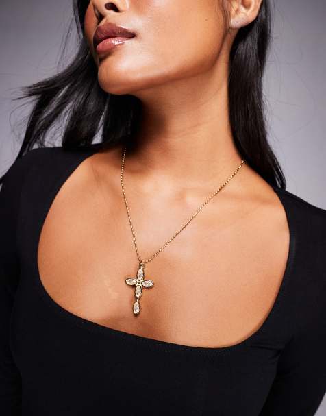Neck On The Line dainty stone cross necklace in gold plated - view 1