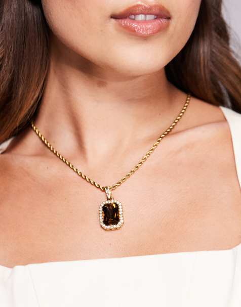 Neck On The Line embellished brown stone pendant necklace in gold - view 1