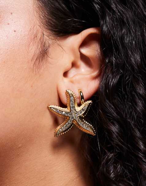 Neck On The Line embellished statement starfish earrings in gold plated - view 1