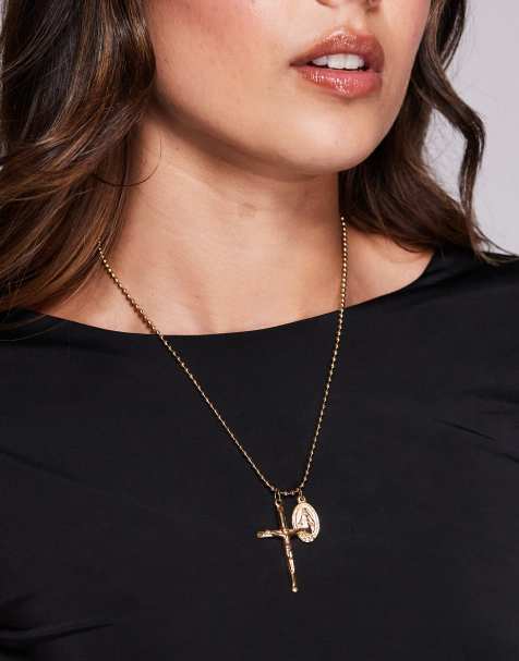 Neck On The Line gold plated stainless steel cross and pendant necklace in gold - view 1