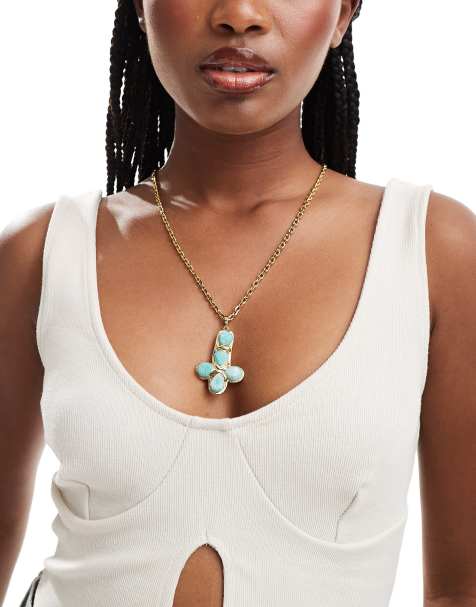 Neck On The Line - Paloma - Vergulde statement ketting van roestvrij staal met lange amazoniet stenen - view 1