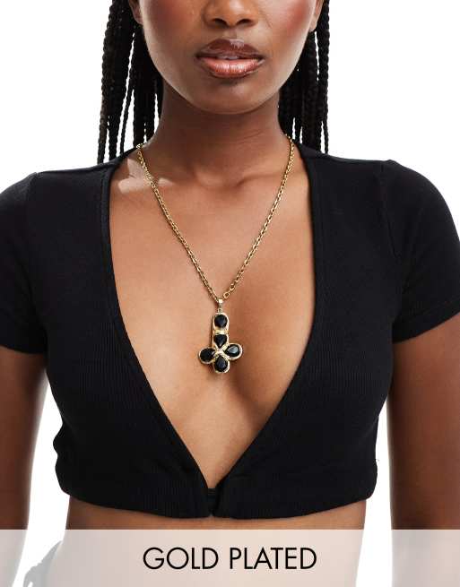 Neck On The Line - Paloma - Vergulde statement ketting van roestvrij staal met lange obsidiaan stenen
