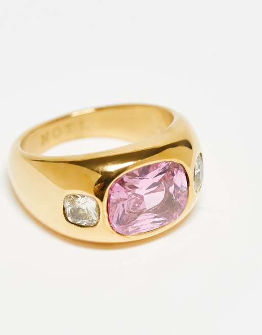 Neck On The Line pink stone chunky ring in gold plated ASOS