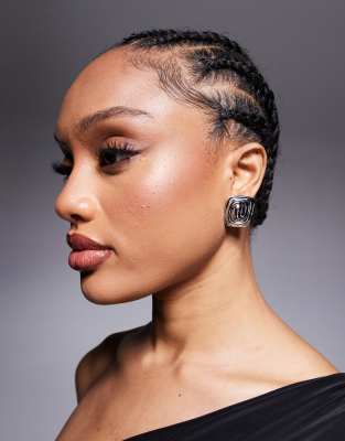 spiral square statement stud earrings in silver stainless steel