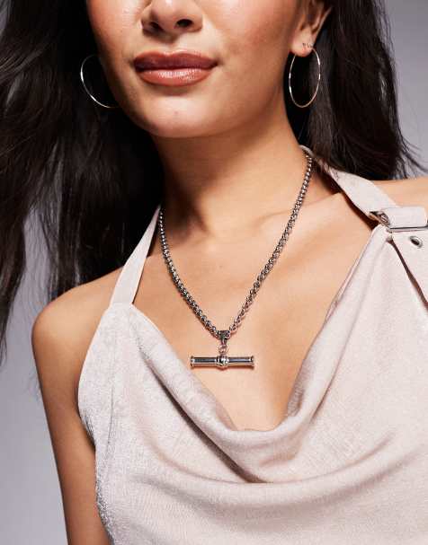 Neck on the Line statement t-bar necklace in stainless steel - view 1