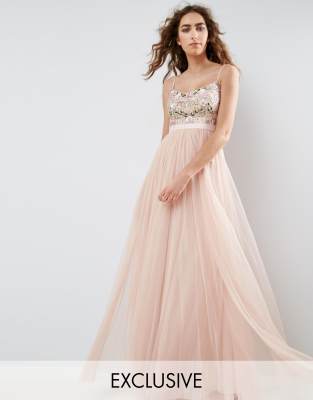 needle & thread embroidered bodice tulle maxi dress in graphite