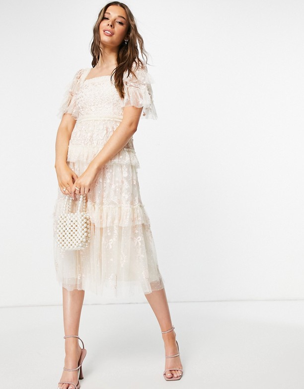  Dostwać Needle & Thread – Arwen – RÓżowa sukienka midi typu milkmaid z koronką RÓżowy
