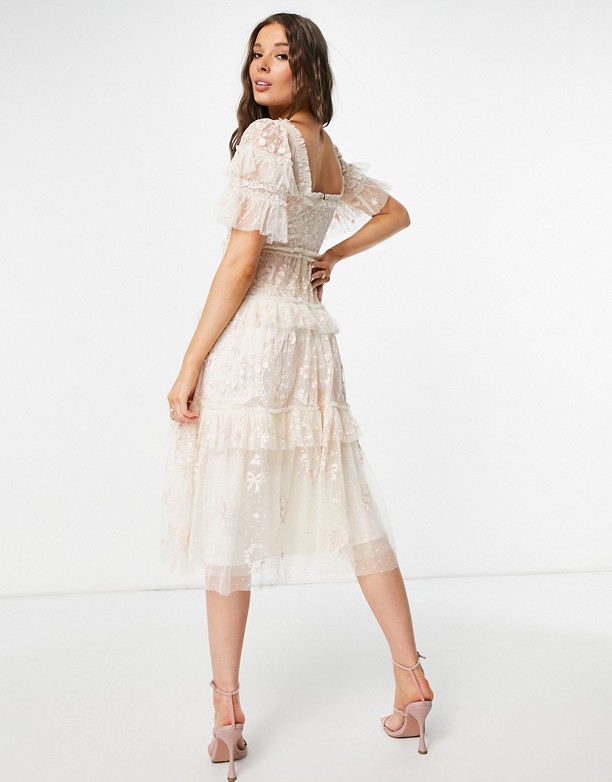  Dostwać Needle & Thread – Arwen – RÓżowa sukienka midi typu milkmaid z koronką RÓżowy