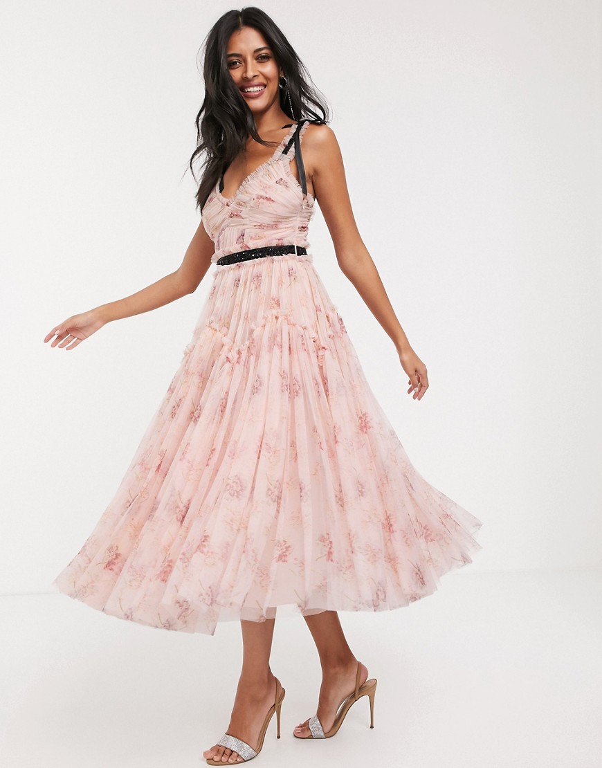 Needle & Thread bow detail midi dress with contrast waistband in pink floral