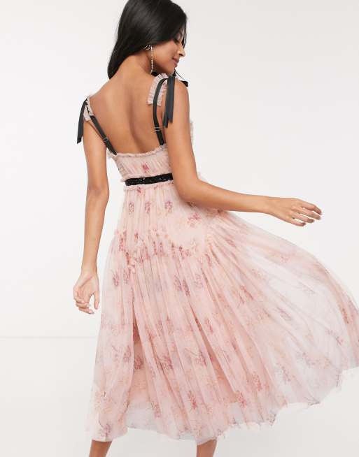 Needle Thread bow detail midi dress with contrast waistband in pink floral